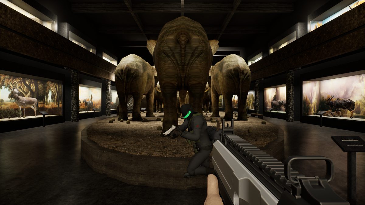 Akeley Hall of African Mammals: an intruder in front of the elephant herd