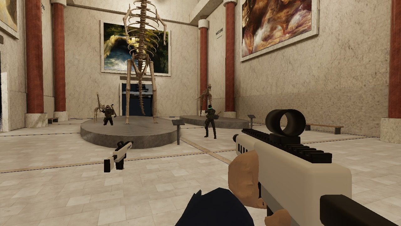 The browser version: holding a rifle in the rotunda with two intruders by the Barosaurus
