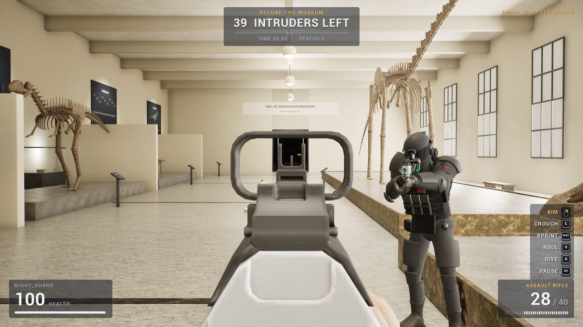 Aiming down the sights of a rifle at a heavy intruder in the dinosaur hall