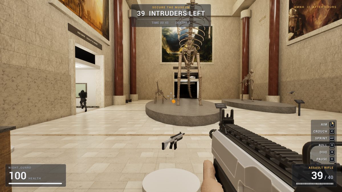 First-person view with a rifle in the rotunda, intruders by the Barosaurus