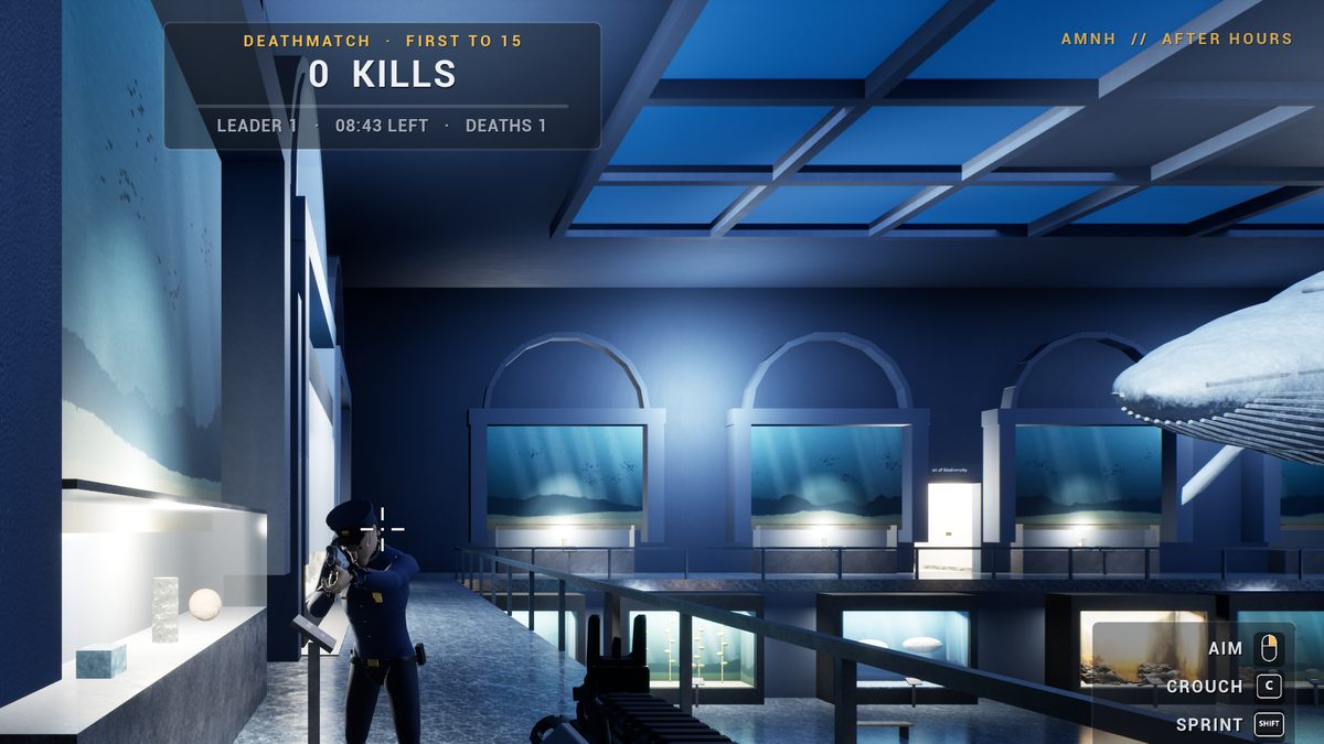 Deathmatch in the Hall of Ocean Life: another guard — a browser player — aims straight at you