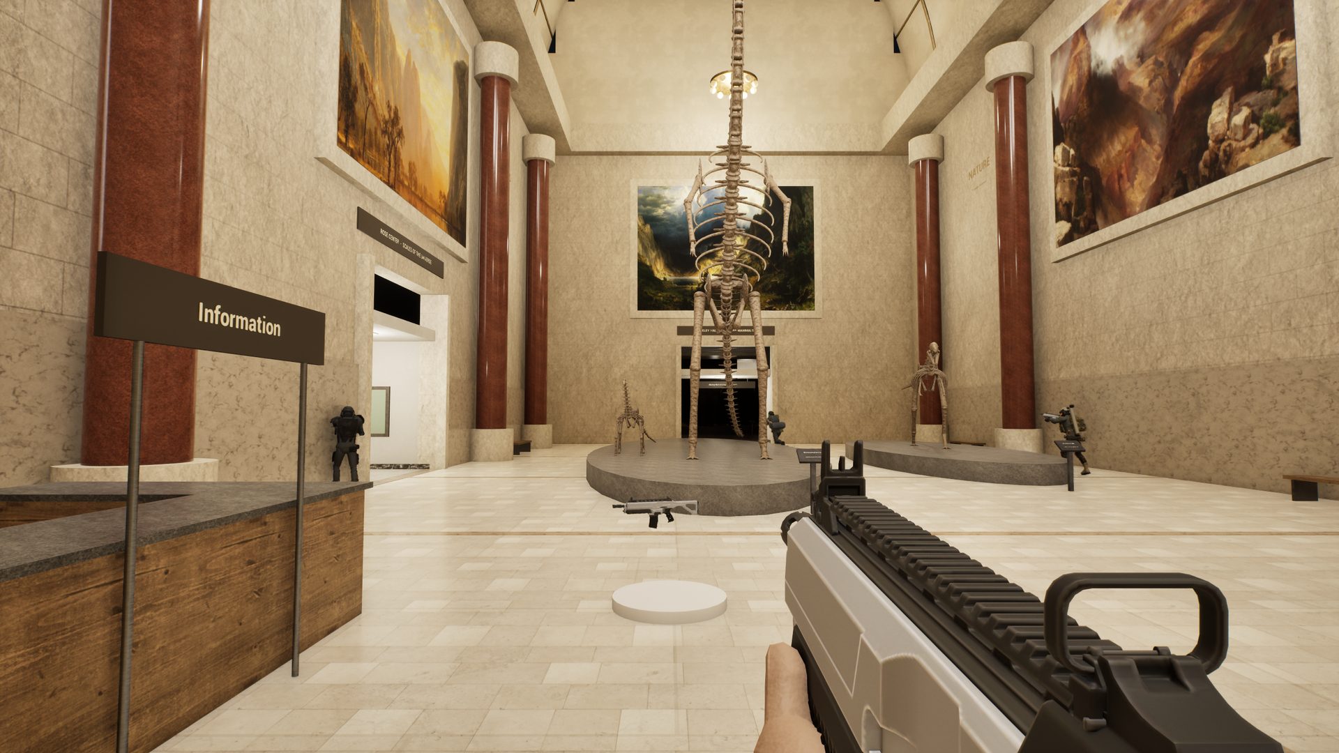 First-person view with a rifle in the museum's rotunda at night, intruders running past the Barosaurus skeleton