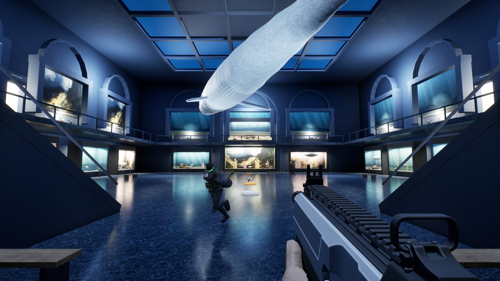 Hall of Ocean Life with the blue whale overhead and an intruder crossing the floor
